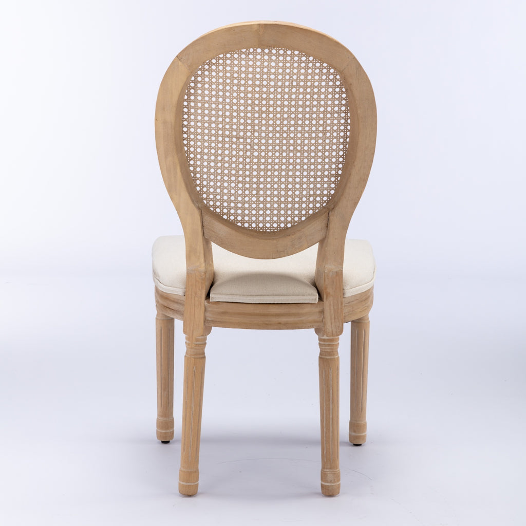A&A Furniture,French Style Solid Wood Frame Antique Painting Linen Fabric Rattan Back Dining Chair,Set of 2,Cream,Beige - Grand Goldman Shop