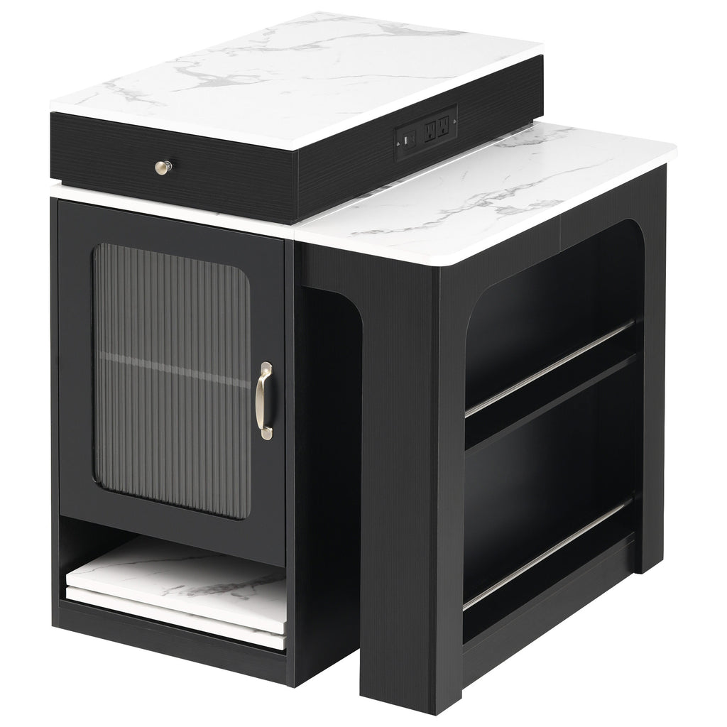 K&K 59.5' Kitchen Island with Extendable Dining Table, Kitchen Storage Table with Double-sided Storage, Kitchen Island with 2 Drawers, Power Outlet, Side Open Shelves, for Kitchen, Dining Room, Black - Grand Goldman Shop