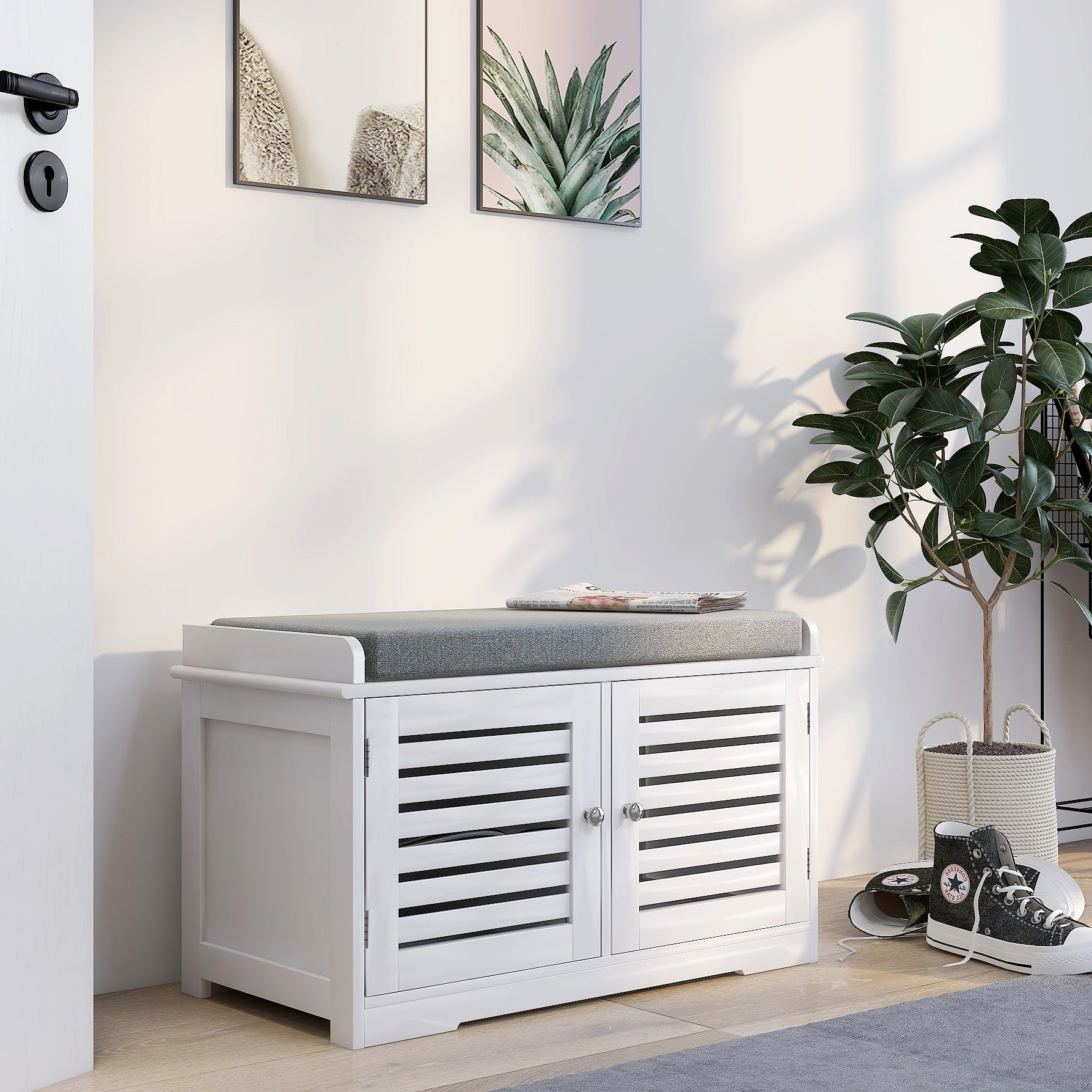 Shoe Storage Bench with Padded Seat Cushion, Entryway Bench with 2 Barn Doors-White - Grand Goldman Shop