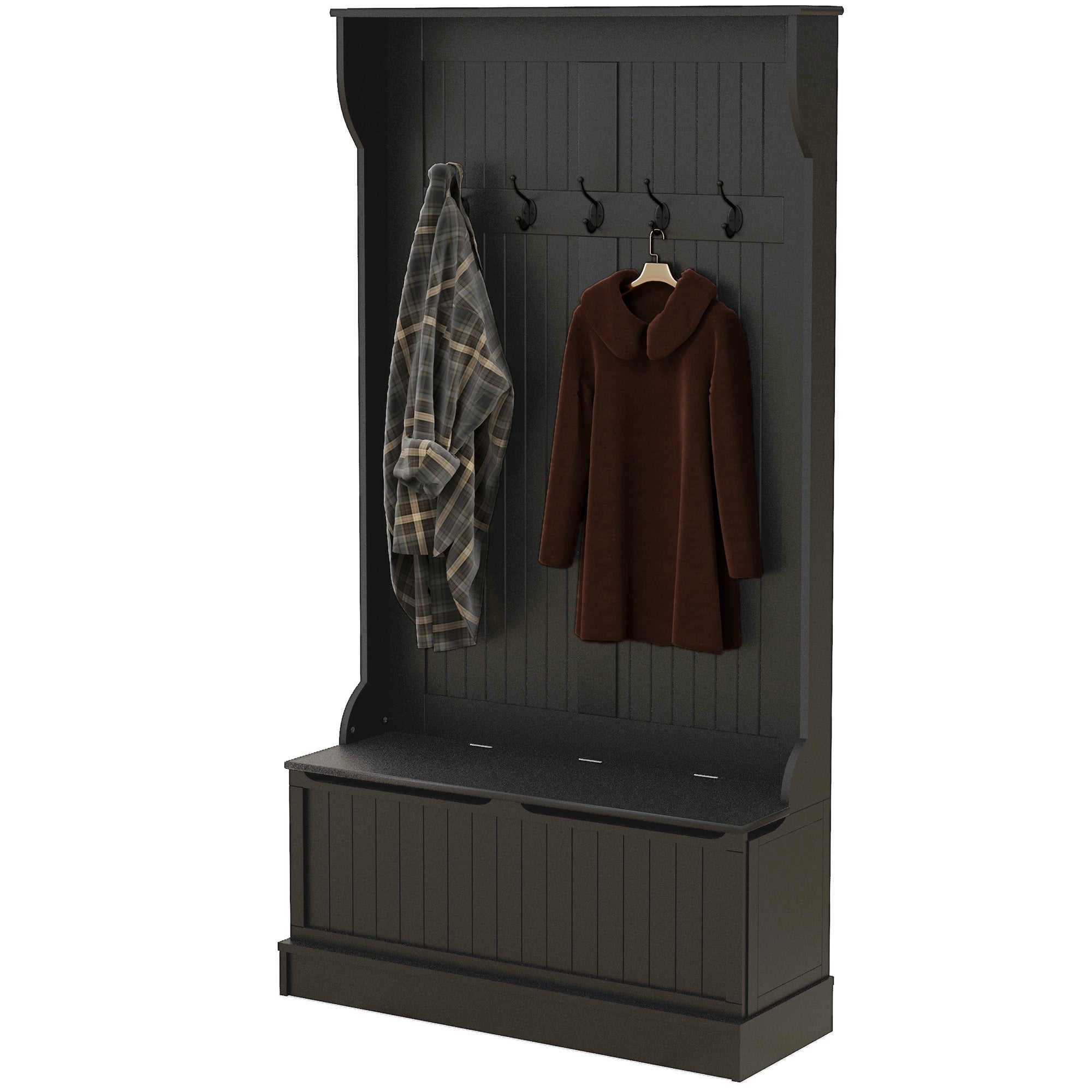 HOMCOM 3-In-1 Entryway Hall Tree with Storage Bench, Coat Rack with Four Hooks and Shoe Storage, Black - Grand Goldman Shop