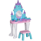 Qaba Kids Vanity Set with Mirror and Stool, Castle Design Makeup Table with Light, Music, Hair Dryer, 18 Accessories, Girls P