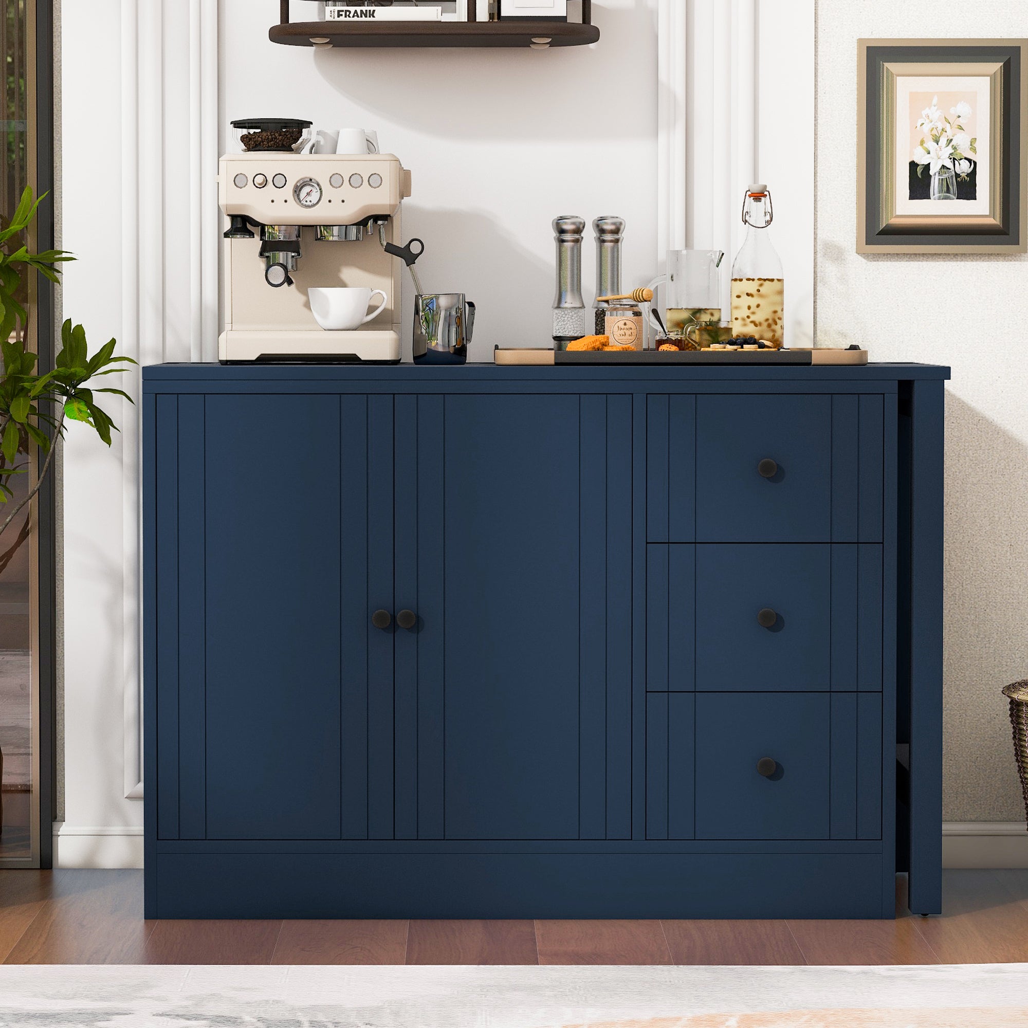 U_STYLE 89.7''Wooden Sideboard with Extendable Table,Multifunctional Storage Cabinet with 2 Doors and 3 Drawers,for Living Room,Study,Foyer and Kitchen - Grand Goldman Shop