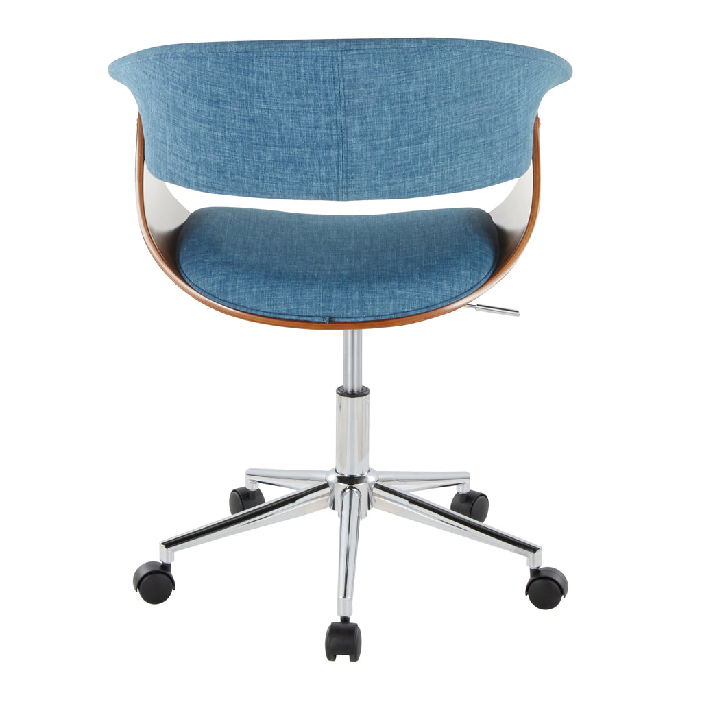 Mid-Century Modern Office Chair in Chrome Metal, Walnut Wood and Blue Fabric - Grand Goldman