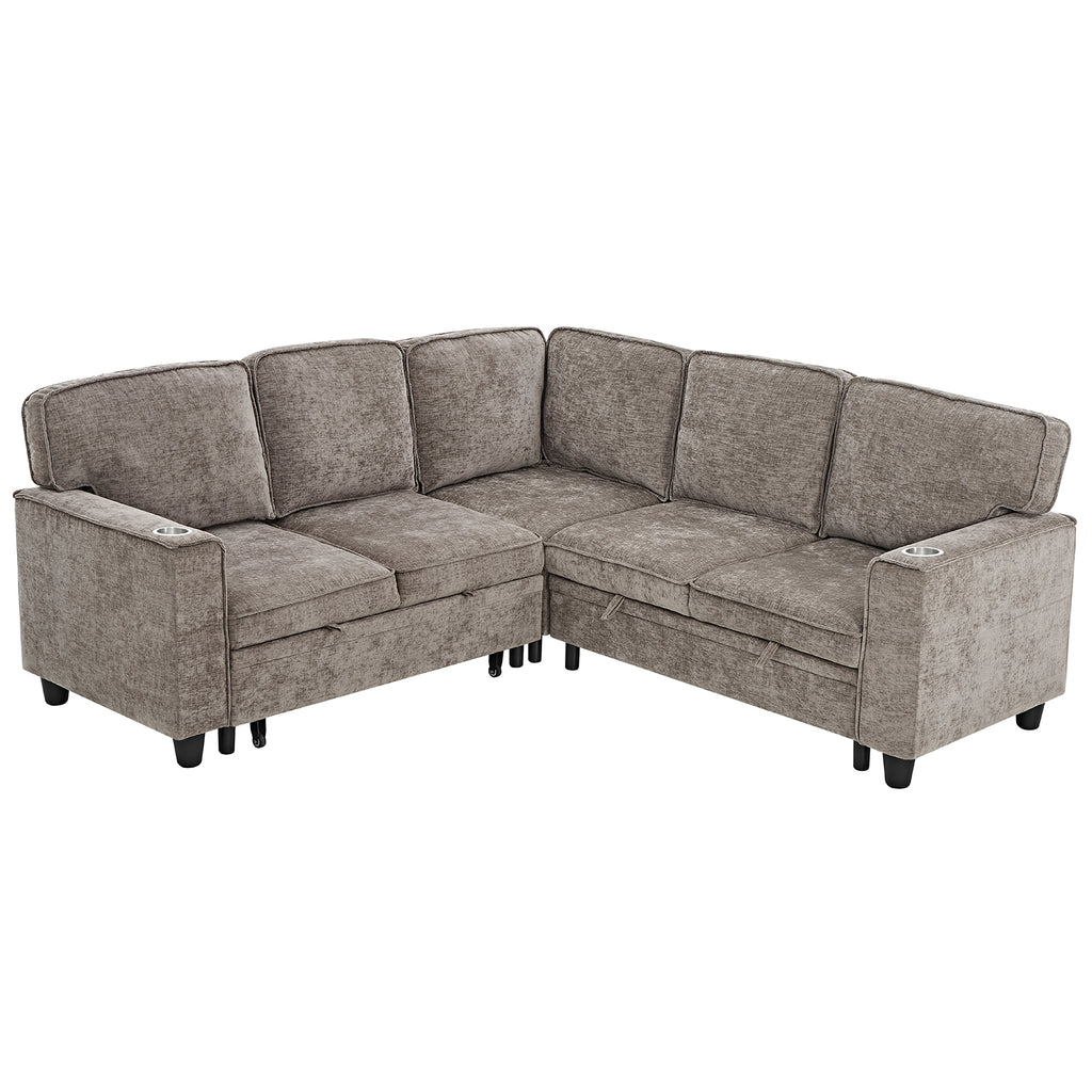 L-Shaped Sofa with Pull Out Sofa Bed, Sleeper Sofa Couch Bed with Storage Seat, 5 Seat Sectional Sofa Bed with USB, Sectional Sofa Couch for Living Room, Apartment, Light Brown - Grand Goldman Shop