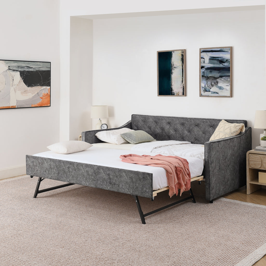 Grey Velvet Mid-Century Style Twin Upholstered Daybed with Pop-Up Trundle and USB Charging Armrest - Grand Goldman Shop