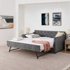 Grey Velvet Mid-Century Style Twin Upholstered Daybed with Pop-Up Trundle and USB Charging Armrest - Grand Goldman Shop