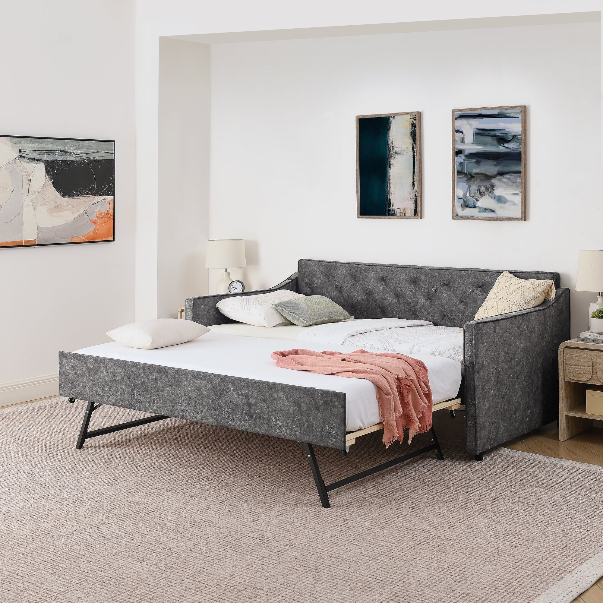 Grey Velvet Mid-Century Style Twin Upholstered Daybed with Pop-Up Trundle and USB Charging Armrest - Grand Goldman Shop