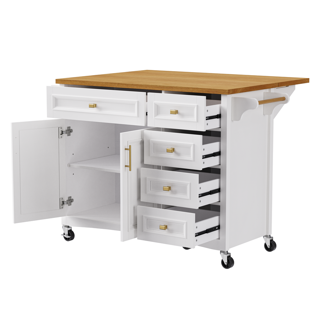 K&K 52'' Kitchen Island with Drop Leaf, Embossed Texture Kitchen Island on Wheels with Spice Rack, Towel Rack, 2 Doors and 5 Drawers, Kitchen Storage Cart with Adjustable Shelf for Kitchen, White - Grand Goldman Shop