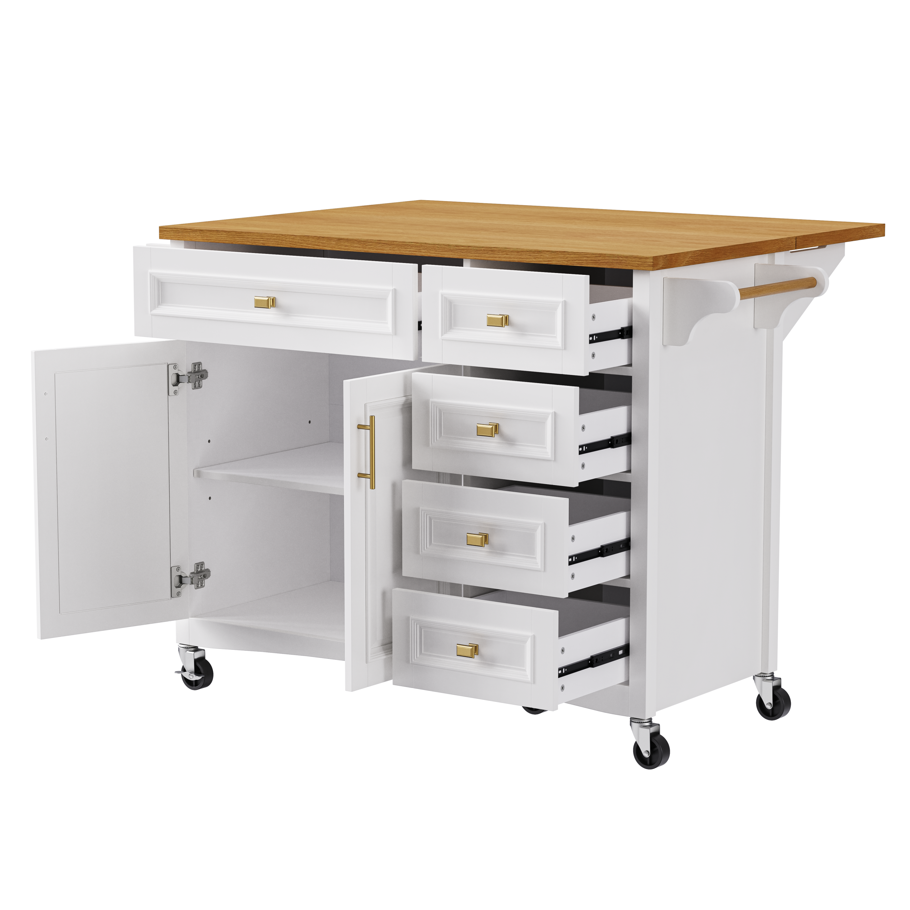 K&K 52'' Kitchen Island with Drop Leaf, Embossed Texture Kitchen Island on Wheels with Spice Rack, Towel Rack, 2 Doors and 5 Drawers, Kitchen Storage Cart with Adjustable Shelf for Kitchen, White - Grand Goldman Shop