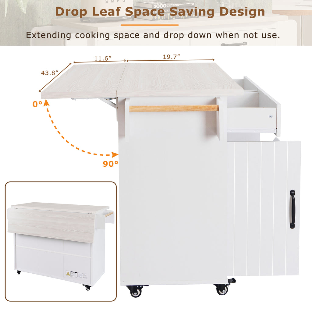 K&K Kitchen Island with Trash Can Storage Cabinet, Kitchen Cart with Drop Leaf, Spice Rack, Towel Rack and Drawer, Rolling Kitchen Island on Wheels with Adjustable Shelf, White - Grand Goldman Shop