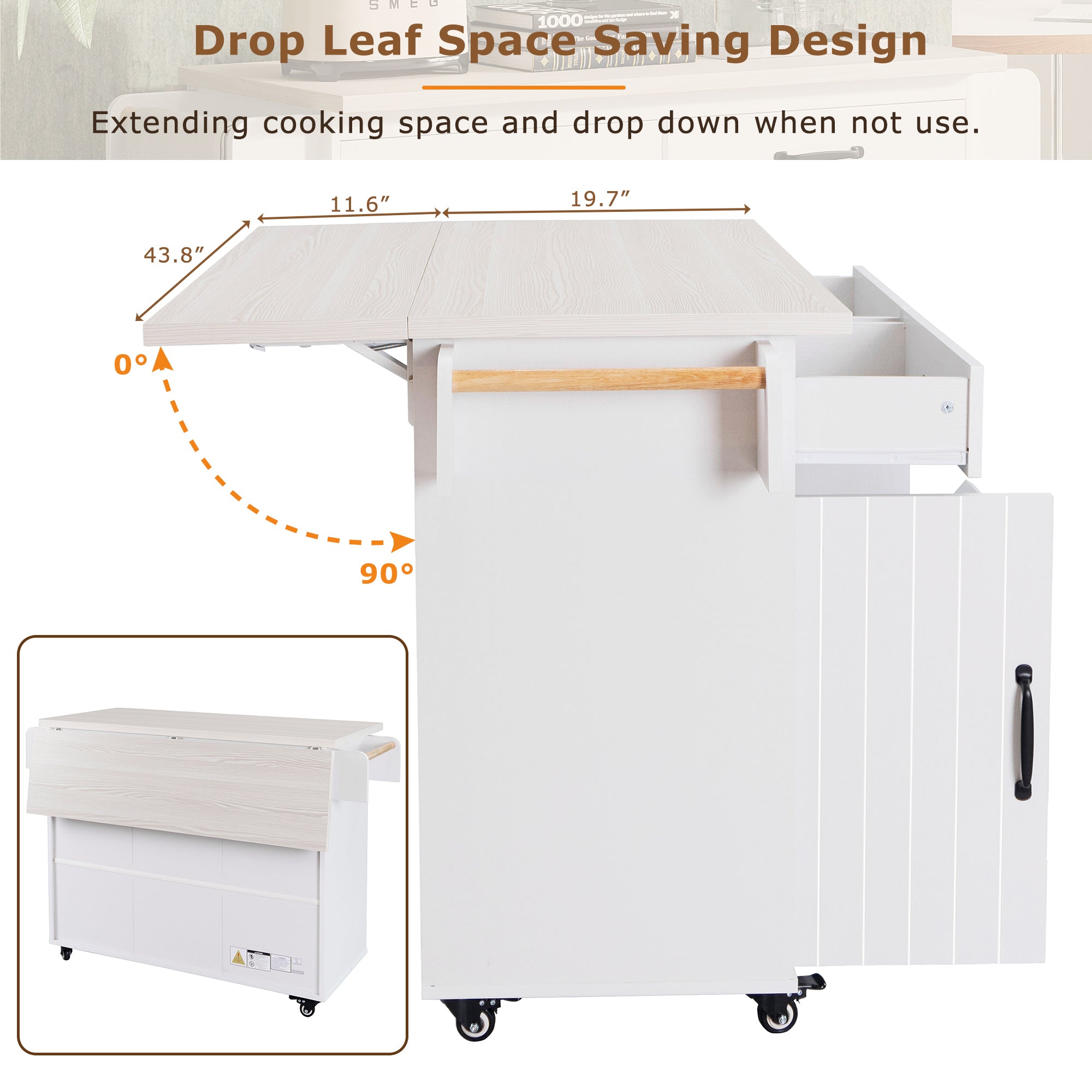 K&K Kitchen Island with Trash Can Storage Cabinet, Kitchen Cart with Drop Leaf, Spice Rack, Towel Rack and Drawer, Rolling Kitchen Island on Wheels with Adjustable Shelf, White - Grand Goldman Shop