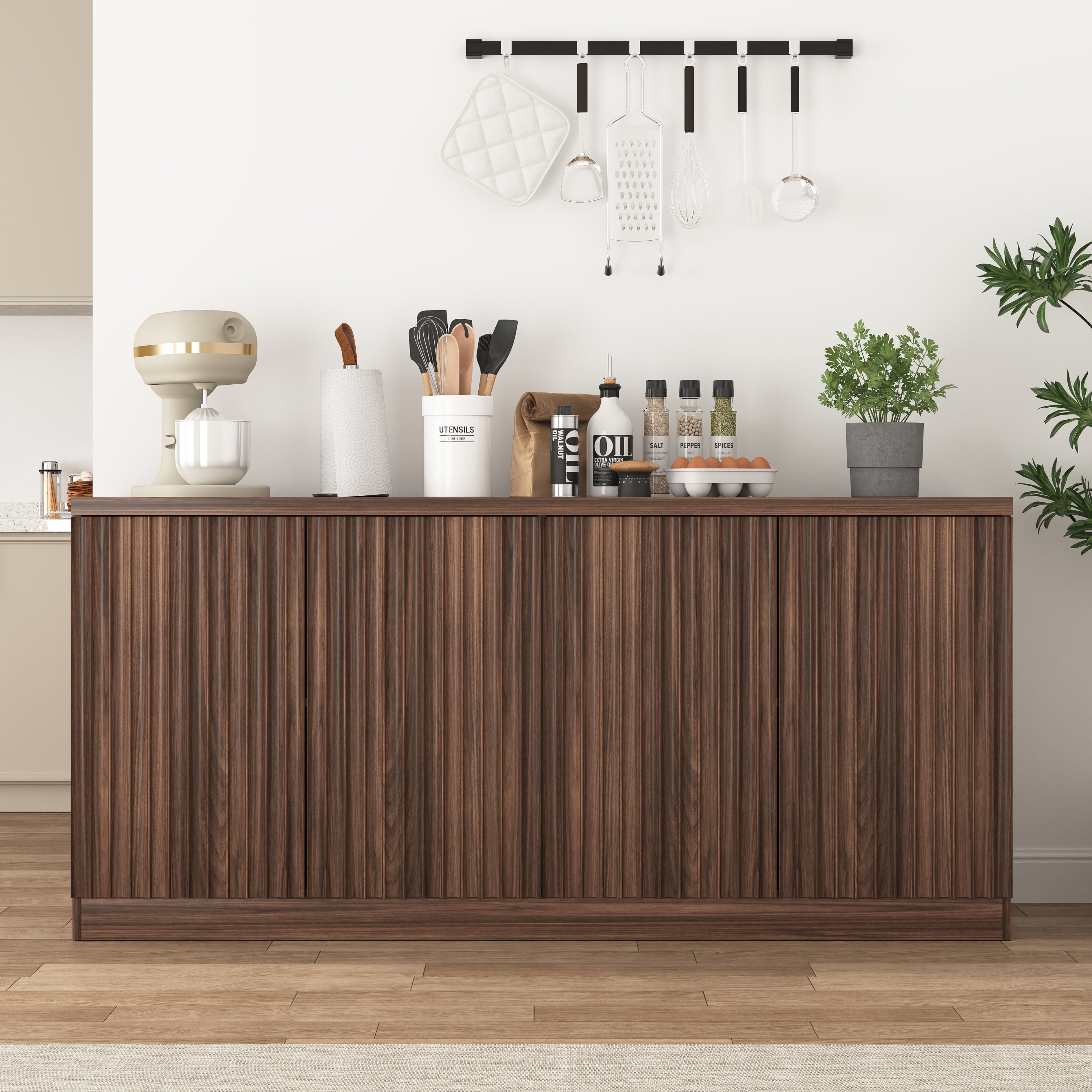 Buffet Cabinet with Storage, 62.60' Sideboard Cabinet with 4 Doors & Shelves, Wooden Kitchen Coffee Bar Credenza Storage for Living Room, Hallway Walnut - Grand Goldman Shop