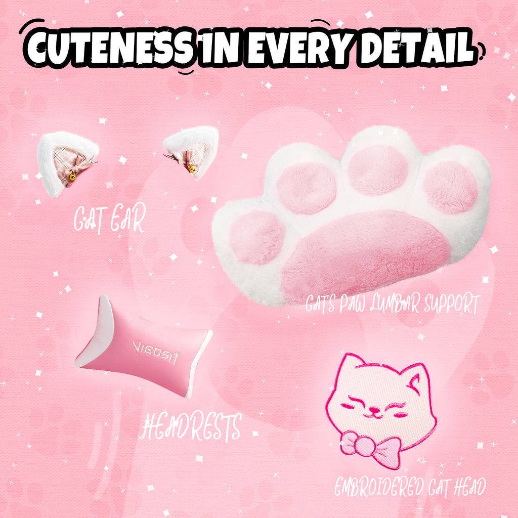 Cat Ears Pink Gaming Chair - Pink PU Leather Ergonomic Reclining Office Chair with Footrest, 310lb Capacity, 6-Position Recli