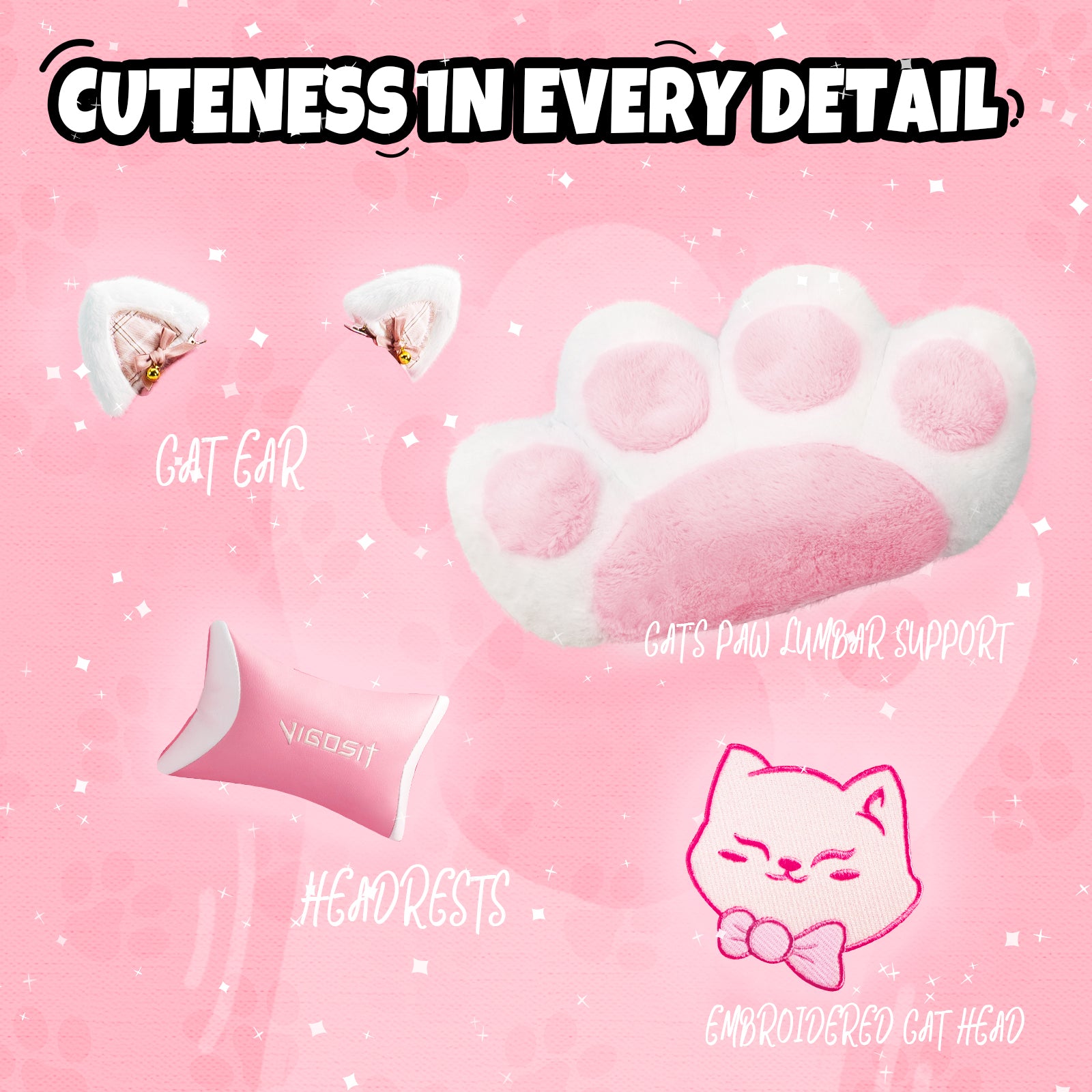 Cat Ears Pink Gaming Chair - Pink PU Leather Ergonomic Reclining Office Chair with Footrest, 310lb Capacity, 6-Position Recli