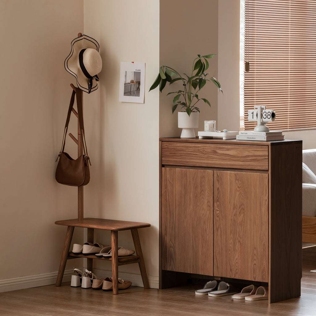 (Walnut Color) Natural Solid Wood Shoe Stool With Cloth Hanger, Mid-Century Modern Storage Bench with High Rebound Sponge Cushion for Entryway and Living Spaces - Grand Goldman Shop
