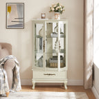 Curio Cabinet Lighted Glass Cabinet Glass Wine Cabinet Curio Display Cabinet with Adjustable Glass Shelves 2 Doors and 1 drawer Cabinet Sideboard With Bulb Included Antique White - Grand Goldman Shop