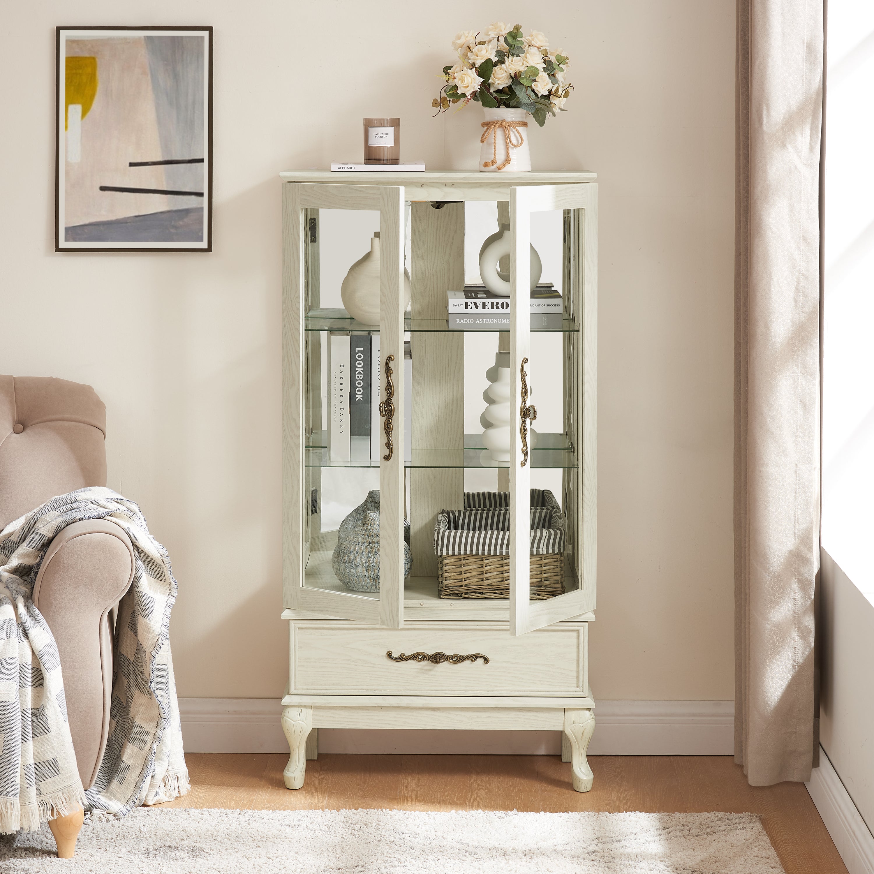 Curio Cabinet Lighted Glass Cabinet Glass Wine Cabinet Curio Display Cabinet with Adjustable Glass Shelves 2 Doors and 1 drawer Cabinet Sideboard With Bulb Included Antique White - Grand Goldman Shop