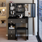 29.2' Small Space Left Drawer Desktop Vanity Table + Cushioned Stool, Extra Large Right sliding mirror, Multi Layer High Capacity Storage, Practical Fashionable Dresser, Suitable For Small Space - Grand Goldman Shop