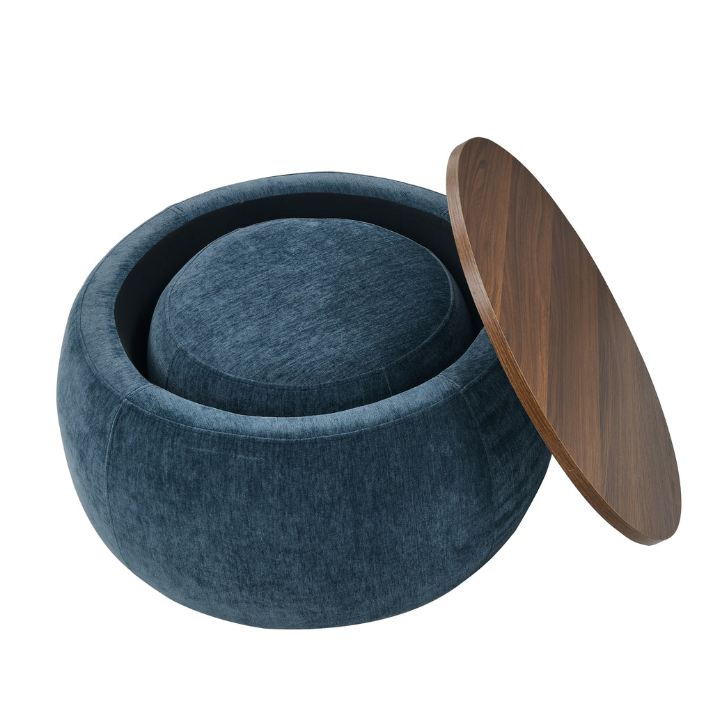 Dark Blue Round Storage Ottoman with 2 in 1 Function as End Table and Ottoman, Eucalyptus Wood and Foam, 25'x25'x14.7' - Grand Goldman Shop