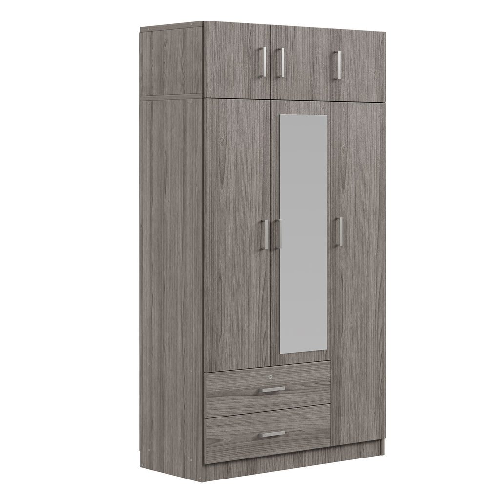 Modern Gray 3-Door Mirror Wardrobe with 2 Drawers and Top Cabinet, Particle Board - Grand Goldman Shop