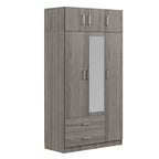 Modern Gray 3-Door Mirror Wardrobe with 2 Drawers and Top Cabinet, Particle Board - Grand Goldman Shop