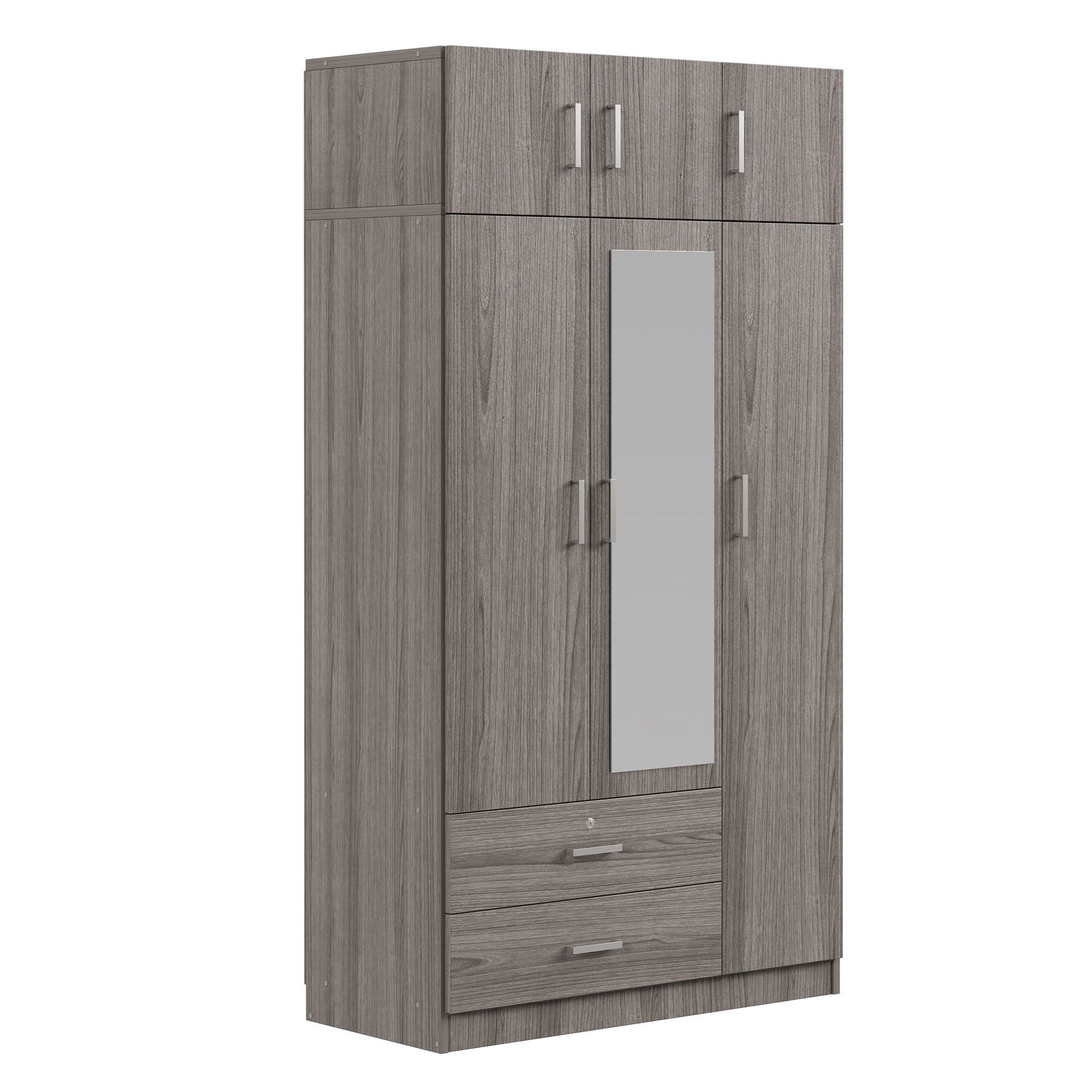 Modern Gray 3-Door Mirror Wardrobe with 2 Drawers and Top Cabinet, Particle Board - Grand Goldman Shop
