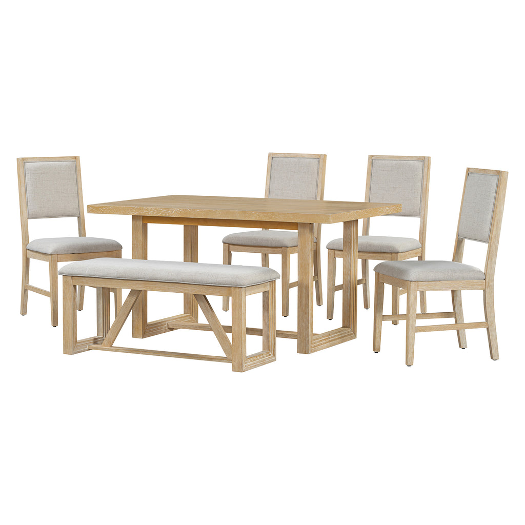 TREXM 6-Piece Retro Dining Table Set for 6, 60' Wood Kitchen Table and Chairs Set of 4 with Bench Designed Trestle Base for kitchen & Dining Room (Natural) - Grand Goldman Shop