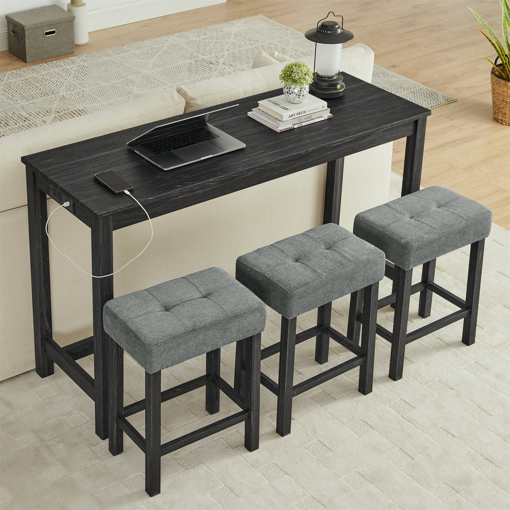 59 Inch Bar Table, Dining Table, Sofa Table with Power Outlet, 3 Upholstered Stools, 4 Piece Bar Table and Chair Set for Living Room, Dining Room, Kitchen - Grand Goldman Shop