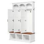 Classic Arched Design Hall Tree with 3 Hidden Storage, Farmhouse Mudroom with Walnut Bench, Mid-Century All-in-One Entryway Organizer with 5 Hooks for Hallway, White - Grand Goldman Shop