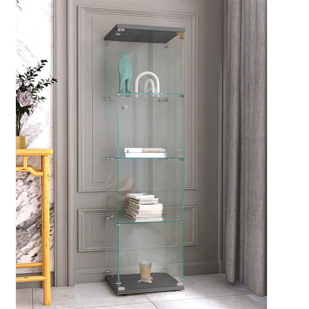 4 Shelves Glass Cabinet Glass Display Cabinet with One Door, Black - Grand Goldman Shop