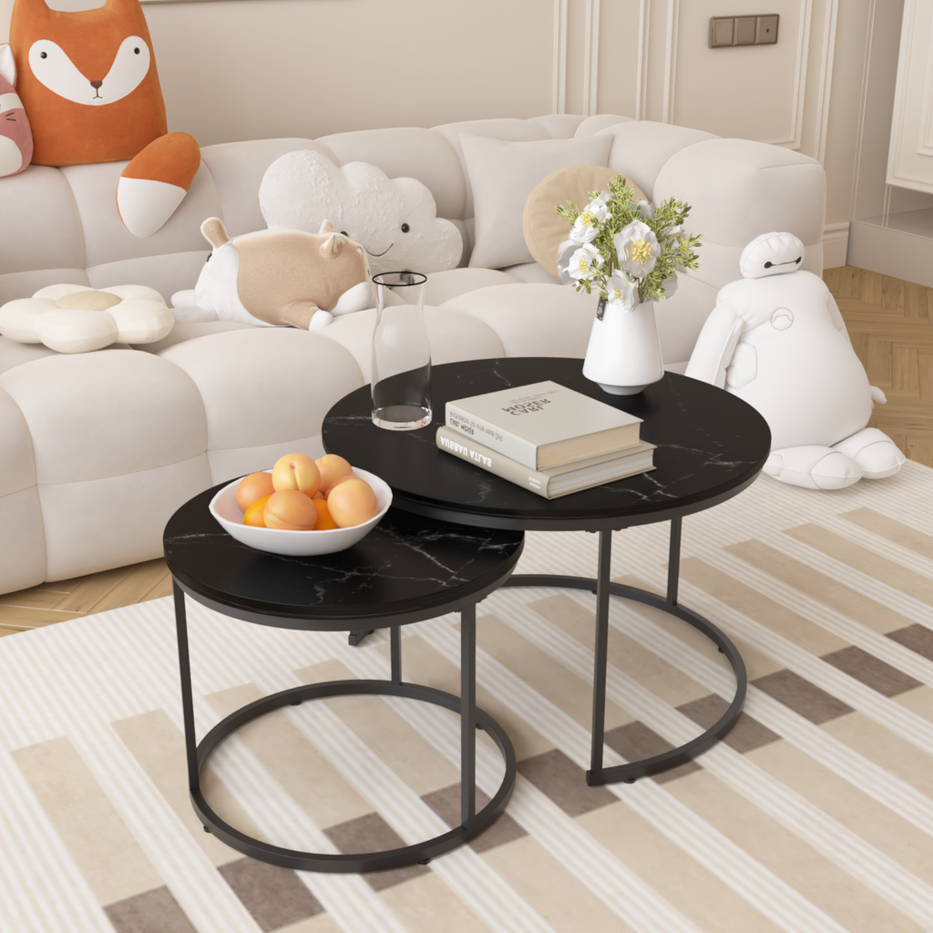 Nesting Coffee Table Set of 2, 27.6in Round Wood Marble Pattern Top with Sturdy Metal Frame, Black Living Room Side Tables for Bedroom Balcony Yard - Grand Goldman Shop