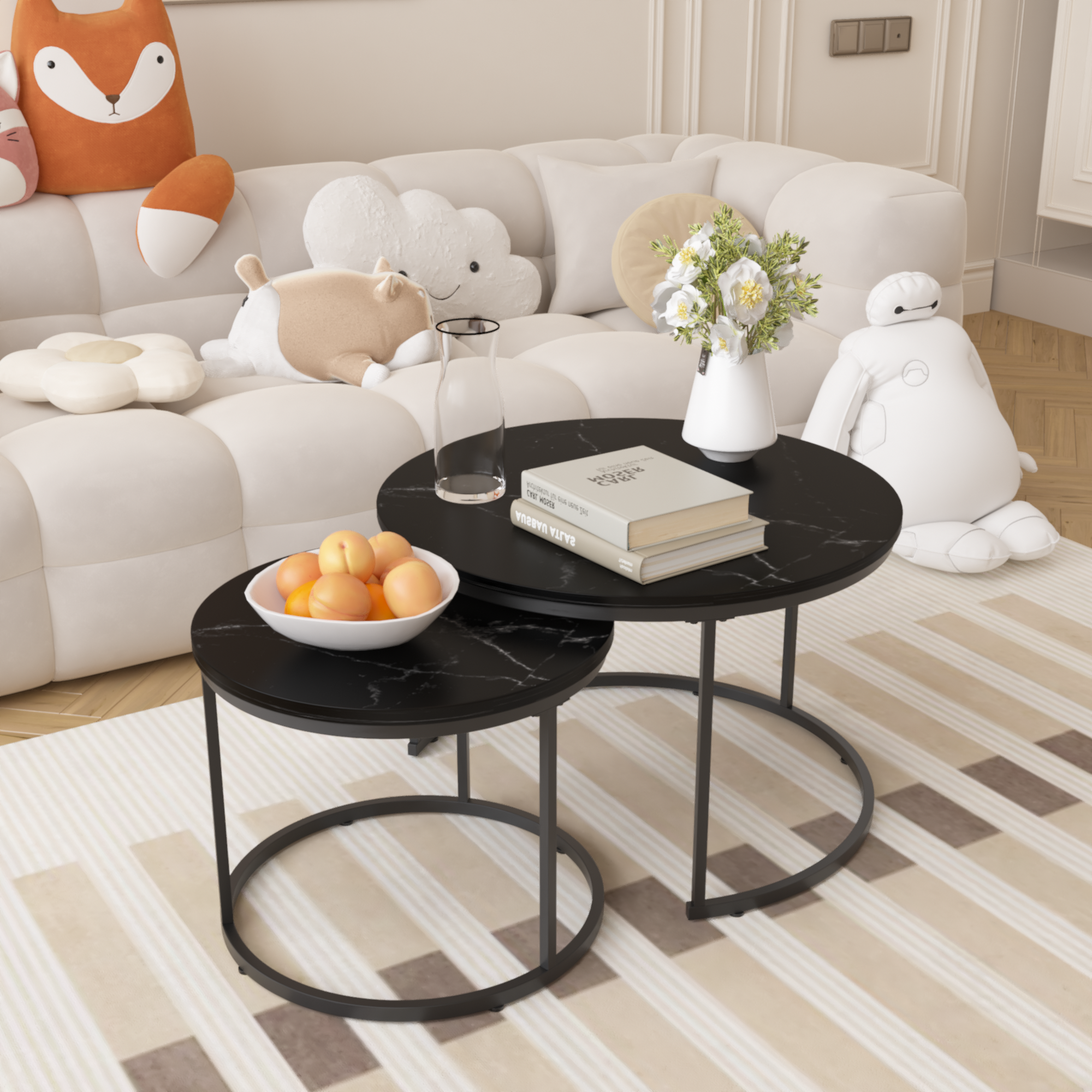 Nesting Coffee Table Set of 2, 27.6in Round Wood Marble Pattern Top with Sturdy Metal Frame, Black Living Room Side Tables for Bedroom Balcony Yard - Grand Goldman Shop