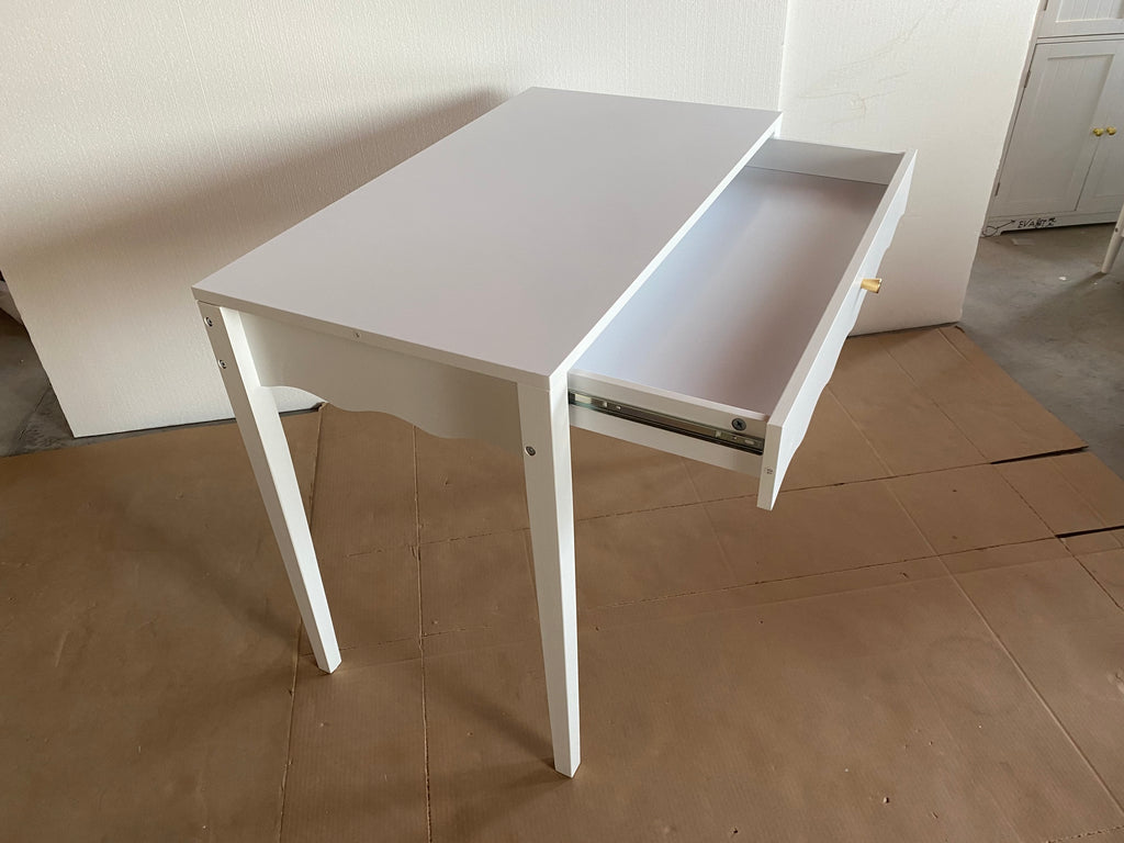 White 35.43' Vanity Desk with Drawer – Modern Makeup Table with Scalloped Front & Gold Knob, Compact Writing Desk with 4 Sturdy Legs for Bedroom, Small Home Office & Apartment Spaces - Grand Goldman Shop