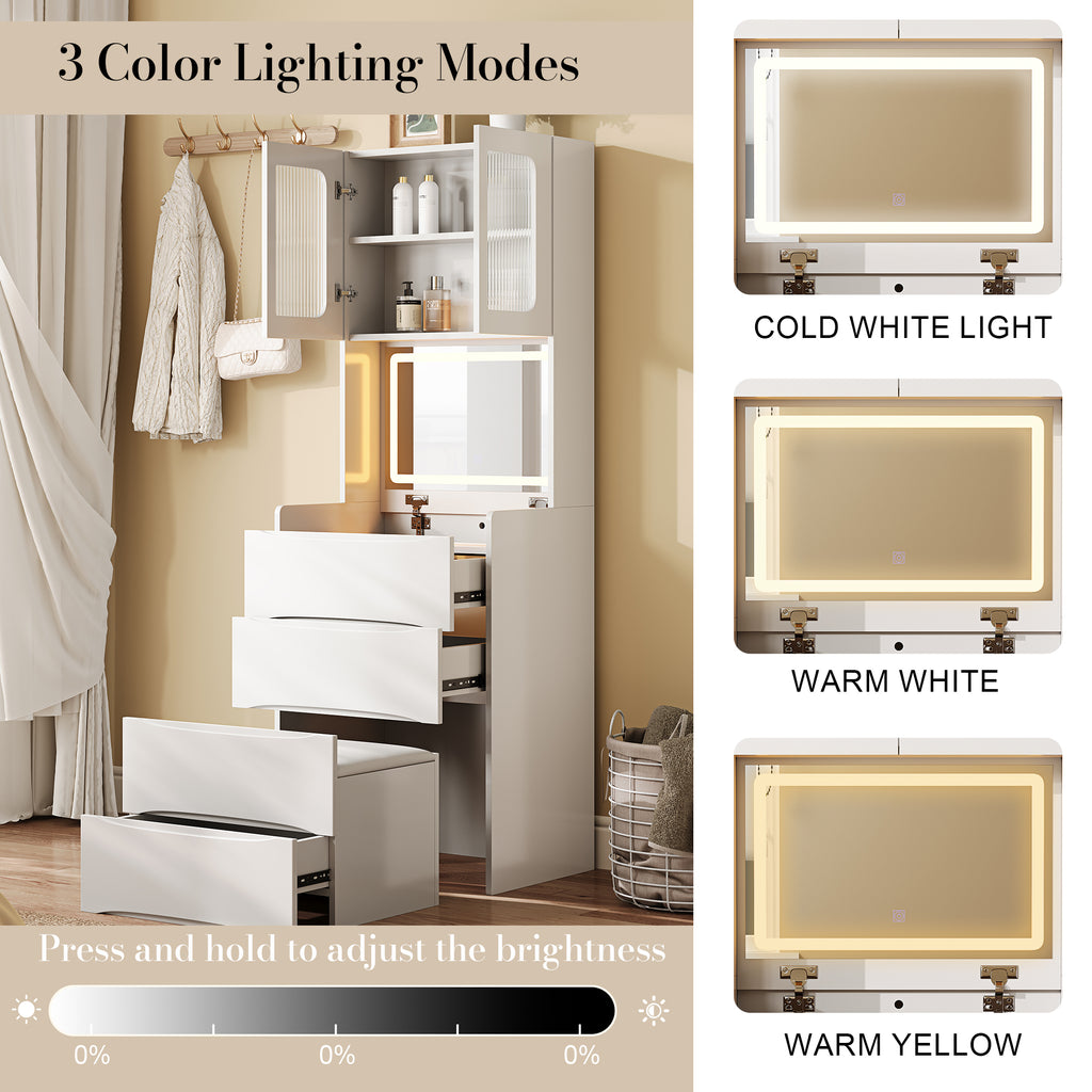 3-in-1 Vanity Table with LED Mirror & Storage Stool, Flip Top Makeup Dressing Table with Adjustable Lights, 5 Storage Spaces Cosmetic Organizer for Bedroom - Grand Goldman Shop