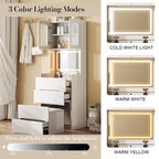 3-in-1 Vanity Table with LED Mirror & Storage Stool, Flip Top Makeup Dressing Table with Adjustable Lights, 5 Storage Spaces Cosmetic Organizer for Bedroom - Grand Goldman Shop