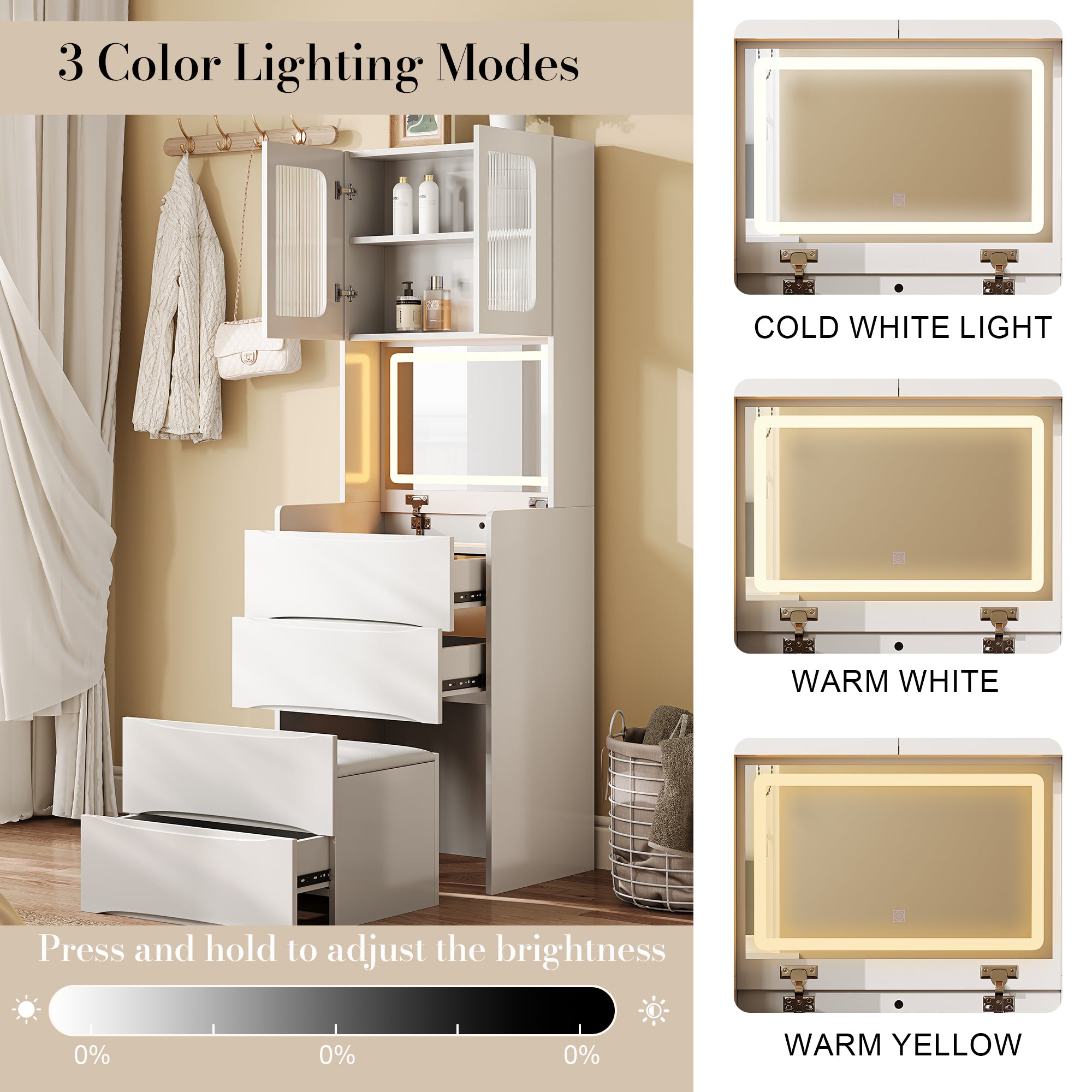 3-in-1 Vanity Table with LED Mirror & Storage Stool, Flip Top Makeup Dressing Table with Adjustable Lights, 5 Storage Spaces Cosmetic Organizer for Bedroom - Grand Goldman Shop