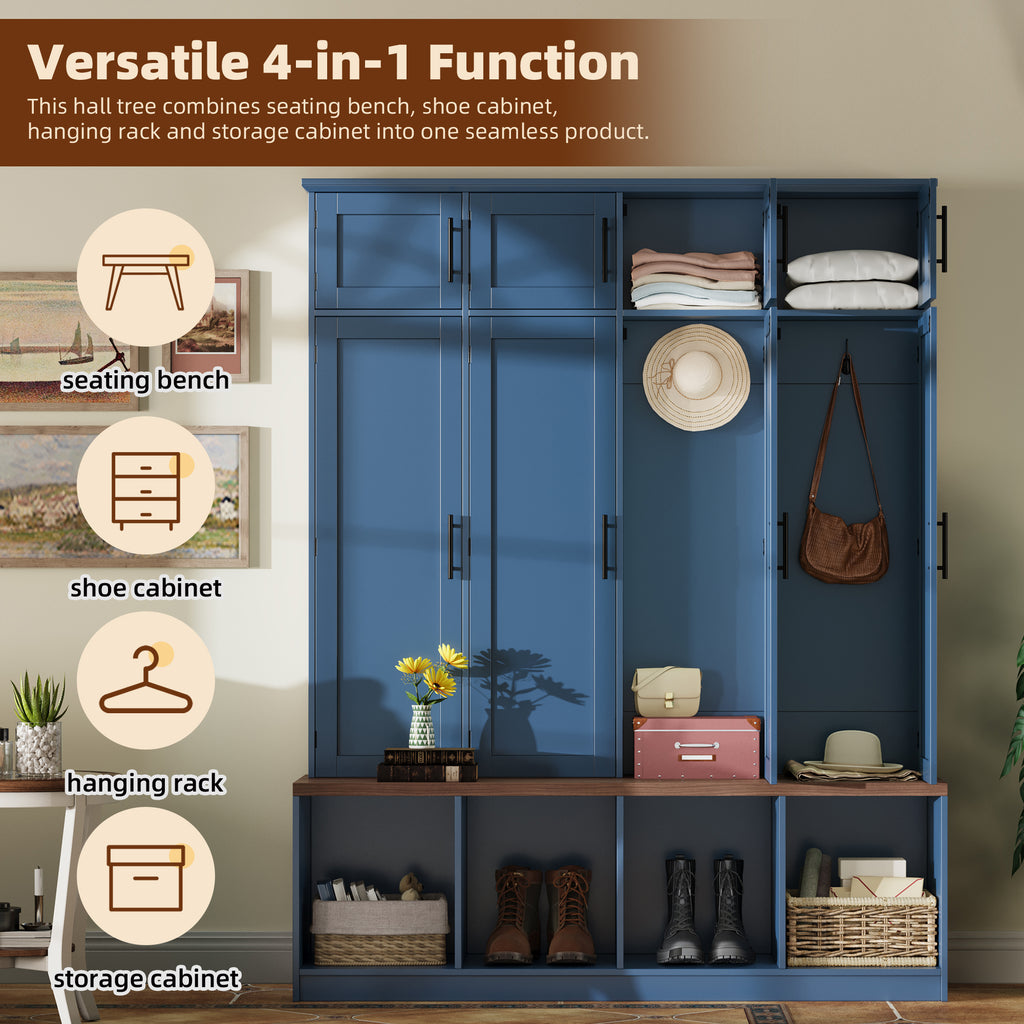 Farmhouse Hall Tree with 4 Hidden Hanging Hooks, Versatile Walnut Seating Bench with 8 Doors, Entryway Shoe Cabinet with Open Compartment for Living Room, Blue (OLD SKU:N721S000059C) - Grand Goldman Shop