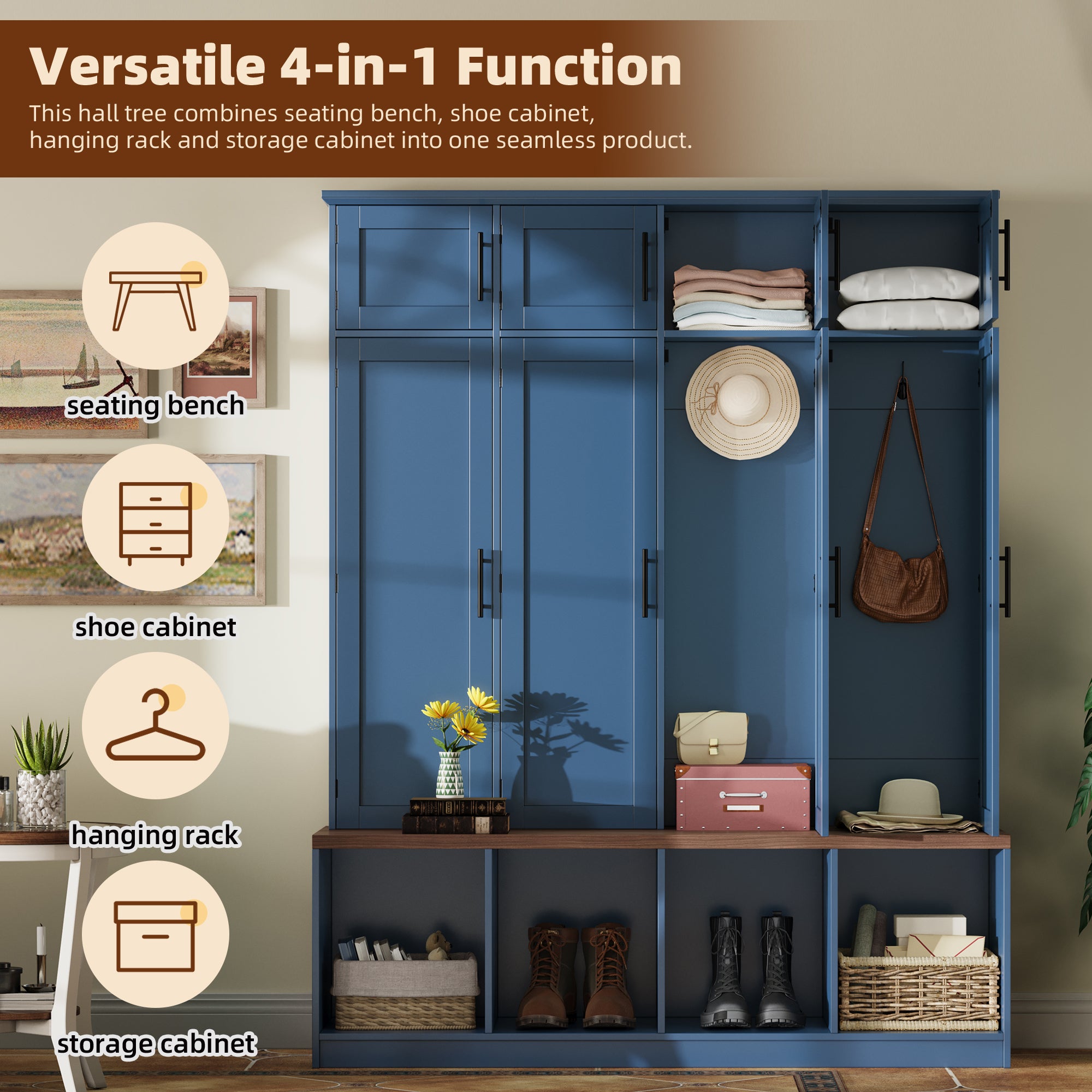 Farmhouse Hall Tree with 4 Hidden Hanging Hooks, Versatile Walnut Seating Bench with 8 Doors, Entryway Shoe Cabinet with Open Compartment for Living Room, Blue (OLD SKU:N721S000059C) - Grand Goldman Shop