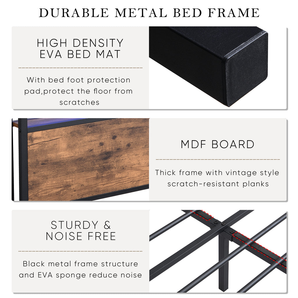Queen Size Bed Frame with Storage Headboard and 2 Drawers, LED Lights Bed with Charging Station, Metal Platform Bed No Noise, Mattress Foundation Strong Metal Slats Support No Box Spring Needed - Grand Goldman Shop
