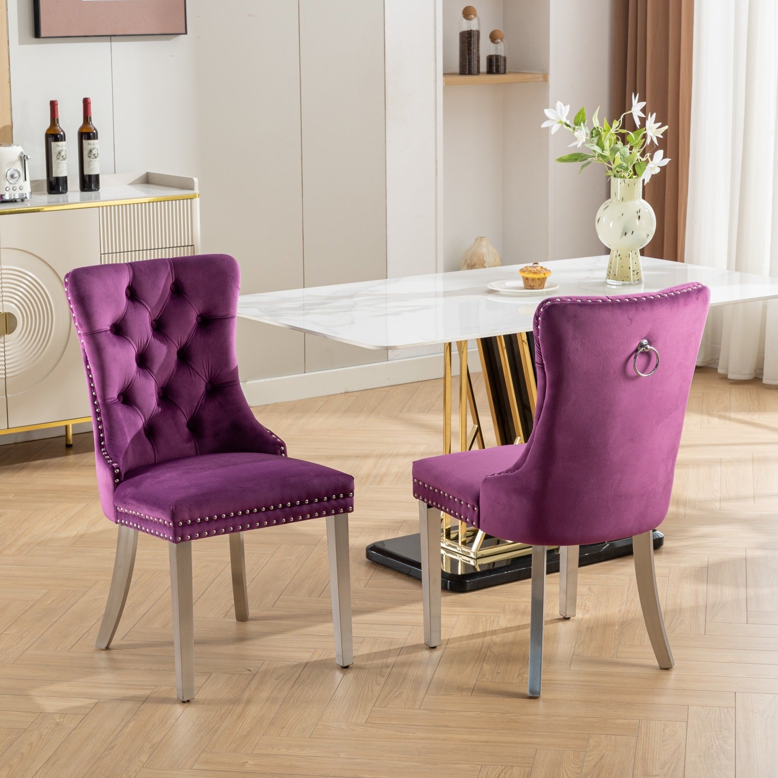 Nikki Collection Modern, High-end Tufted Solid Wood Contemporary Velvet Upholstered Dining Chair with Chrome Stainless Steel Plating Legs,Nailhead Trim,Set of 2,Purple and Chrome, SW1701PP - Grand Goldman Shop