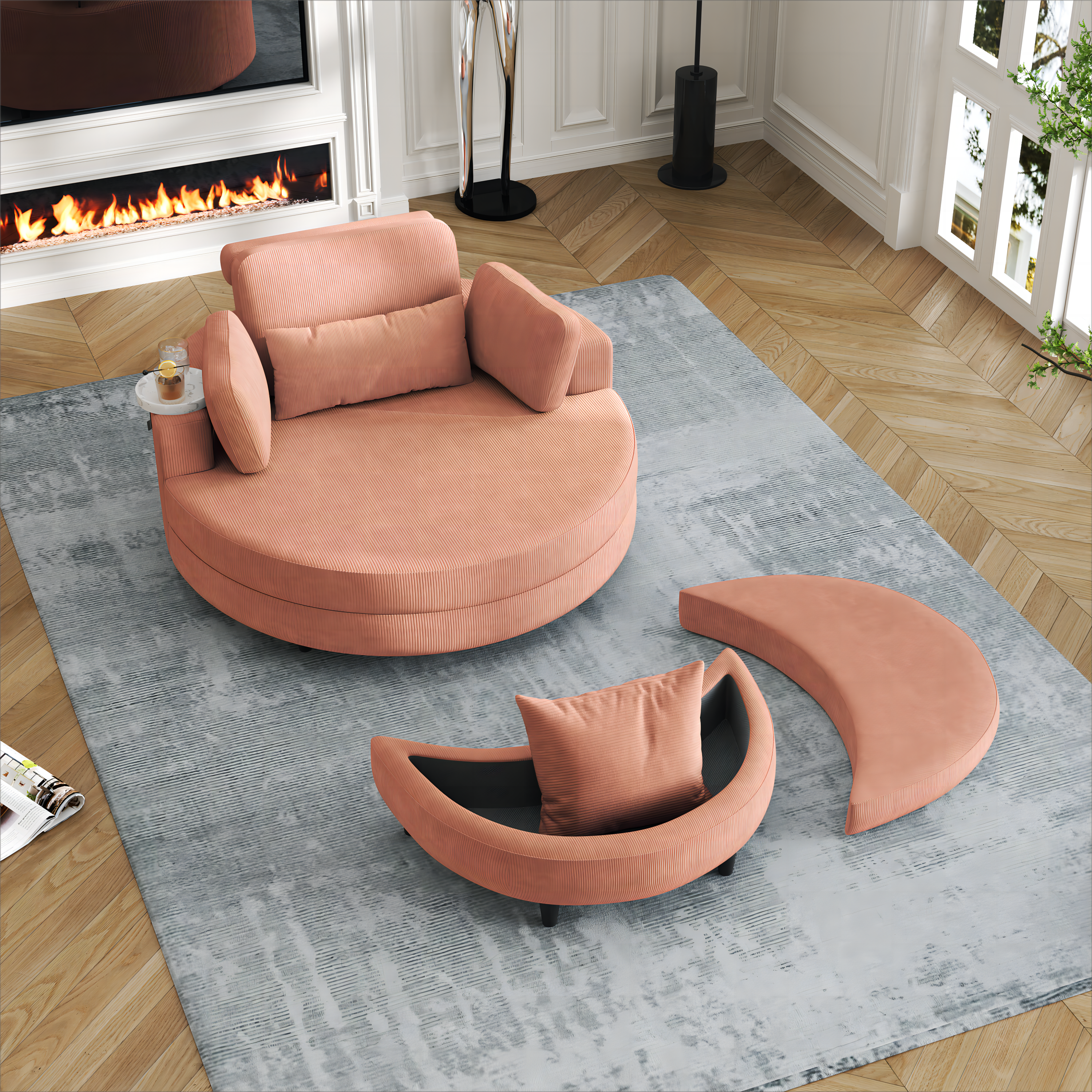 A 51-inch orange corduroy sofa with two throw pillows, a waist pillow and an extra tray is comfortable for a small apartment bedroom - Grand Goldman Shop