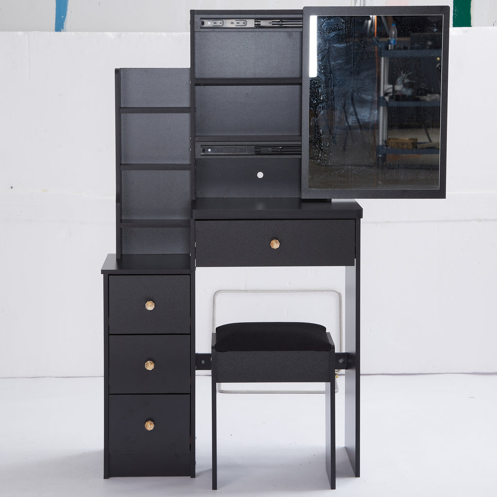 29.2' Small Space Left Bedside Cabinet Vanity Table + Cushioned Stool, Extra Large Right sliding mirror, Multi Layer High Capacity Storage, Practical Fashionable Dresser, Suitable For Small Space - Grand Goldman Shop