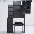29.2' Small Space Left Bedside Cabinet Vanity Table + Cushioned Stool, Extra Large Right sliding mirror, Multi Layer High Capacity Storage, Practical Fashionable Dresser, Suitable For Small Space - Grand Goldman Shop