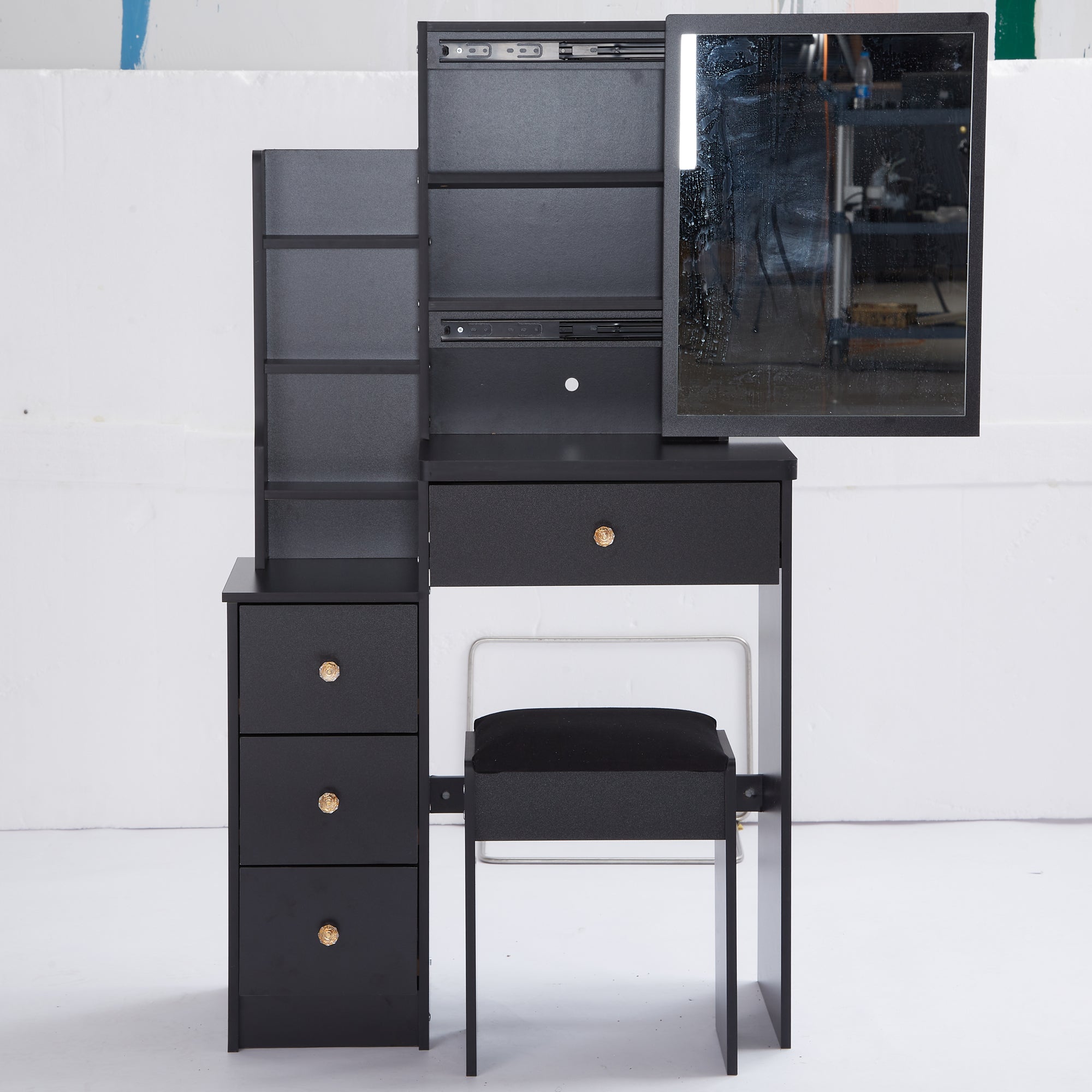 29.2' Small Space Left Bedside Cabinet Vanity Table + Cushioned Stool, Extra Large Right sliding mirror, Multi Layer High Capacity Storage, Practical Fashionable Dresser, Suitable For Small Space - Grand Goldman Shop