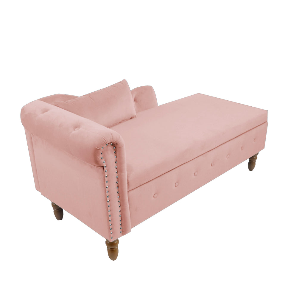 Pink Chaise Lounge Indoor, Velvet Lounge Chair for Bedroom with Storage & Pillow, Modern Upholstered Rolled Arm Chase Lounge for Sleeping with Nailhead Trim for Living Room Bedroom Office - Grand Goldman Shop