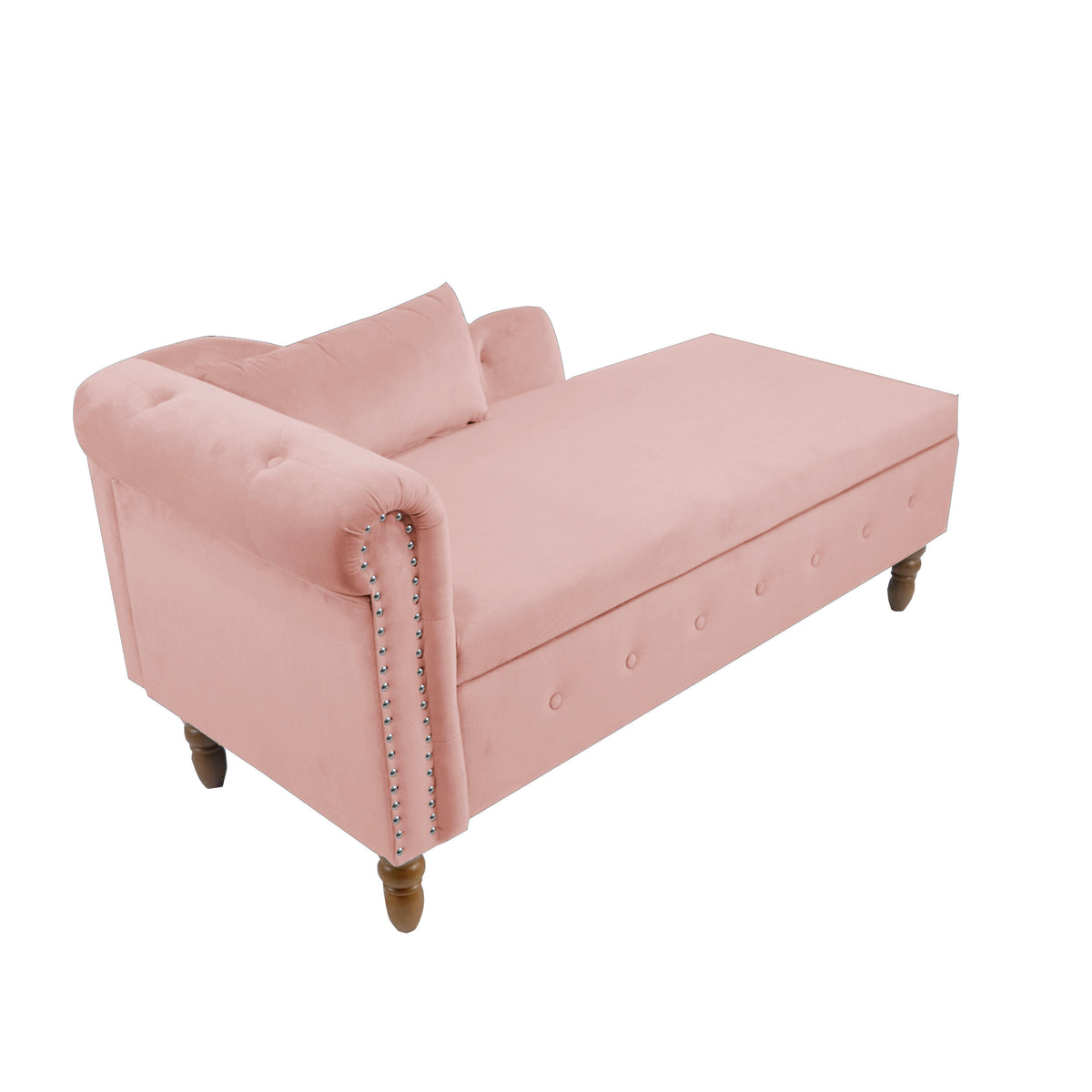 Pink Chaise Lounge Indoor, Velvet Lounge Chair for Bedroom with Storage & Pillow, Modern Upholstered Rolled Arm Chase Lounge for Sleeping with Nailhead Trim for Living Room Bedroom Office - Grand Goldman Shop