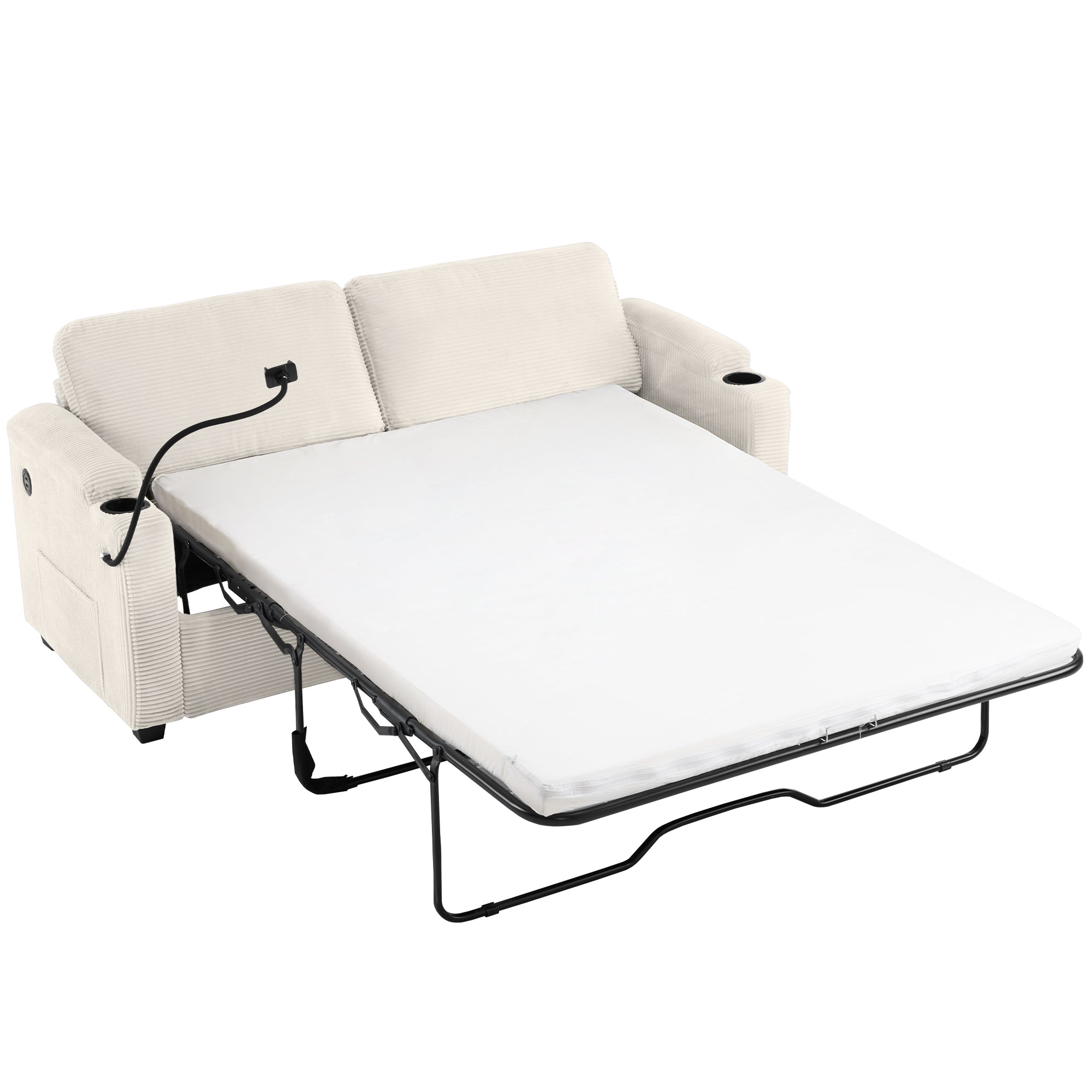 Beige Corduroy Sleeper Sofa Loveseat with Full Size Mattress, USB Ports, Cup Holders, Side Pockets, Phone Holder - Grand Goldman Shop