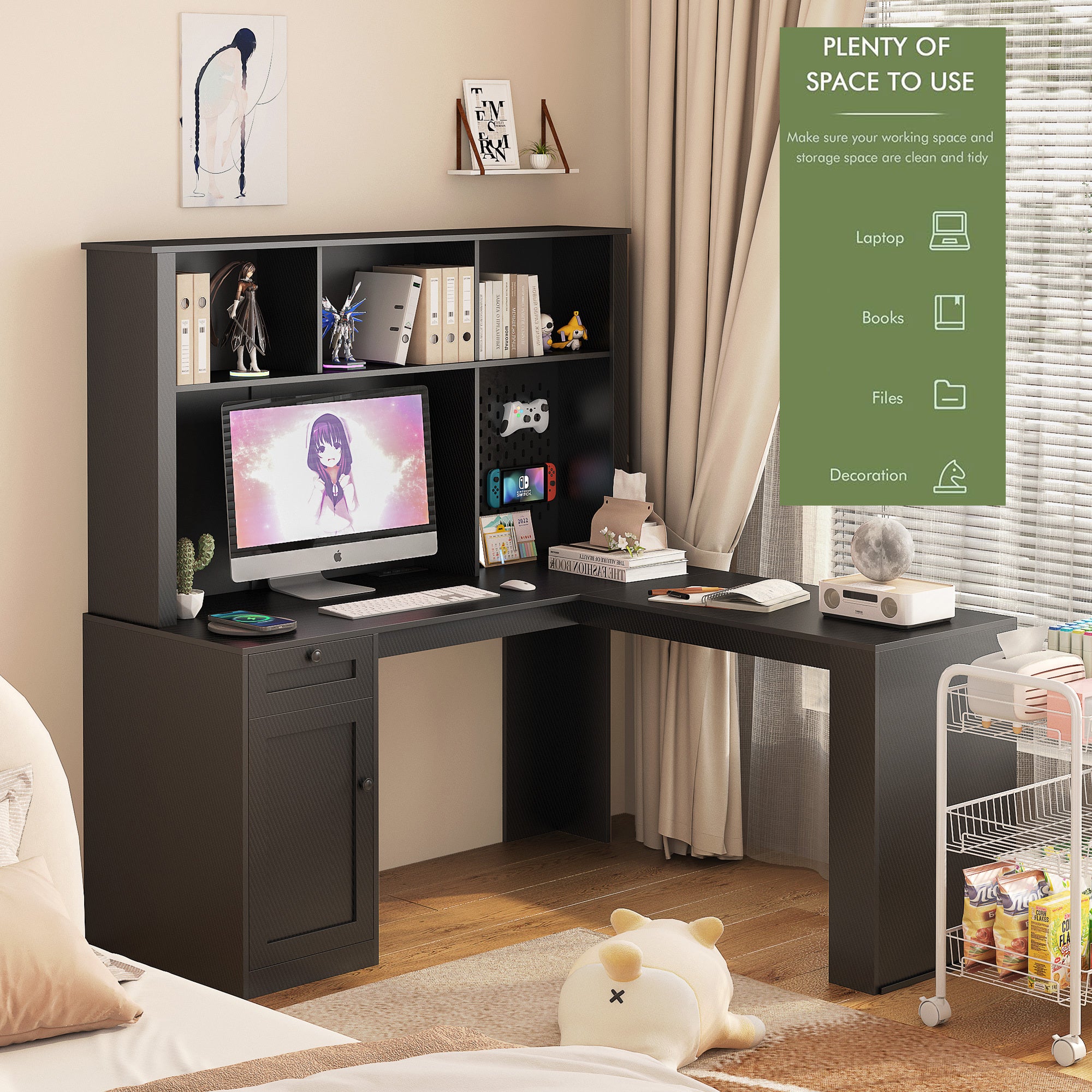 L Shaped Desk with Charger,Computer Desk with Drawers,Bookshelf,Modern Corner Desk,Home Office Desk,L-Shaped Study Table Writ