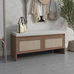 Mid-Century Modern PP Rattan Storage Bench with Cushion, Faux Rattan Shoe Cabinet with 2 Doors, Natural Finish, Wood and Rattan Construction, 39.4 x 15.75 x 17.72 inches - Grand Goldman Shop
