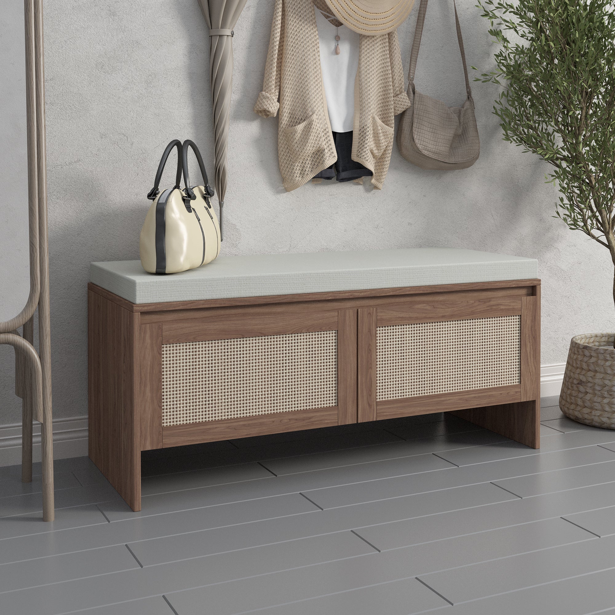 Mid-Century Modern PP Rattan Storage Bench with Cushion, Faux Rattan Shoe Cabinet with 2 Doors, Natural Finish, Wood and Rattan Construction, 39.4 x 15.75 x 17.72 inches - Grand Goldman Shop